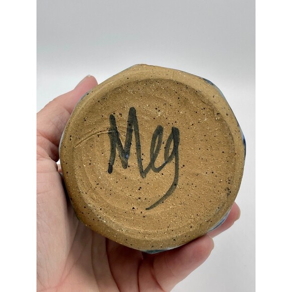 Handmade Studio Art Pottery Vase Signed MEG Sunset Glaze in Green, Yellow & Blue - Picture 6 of 10